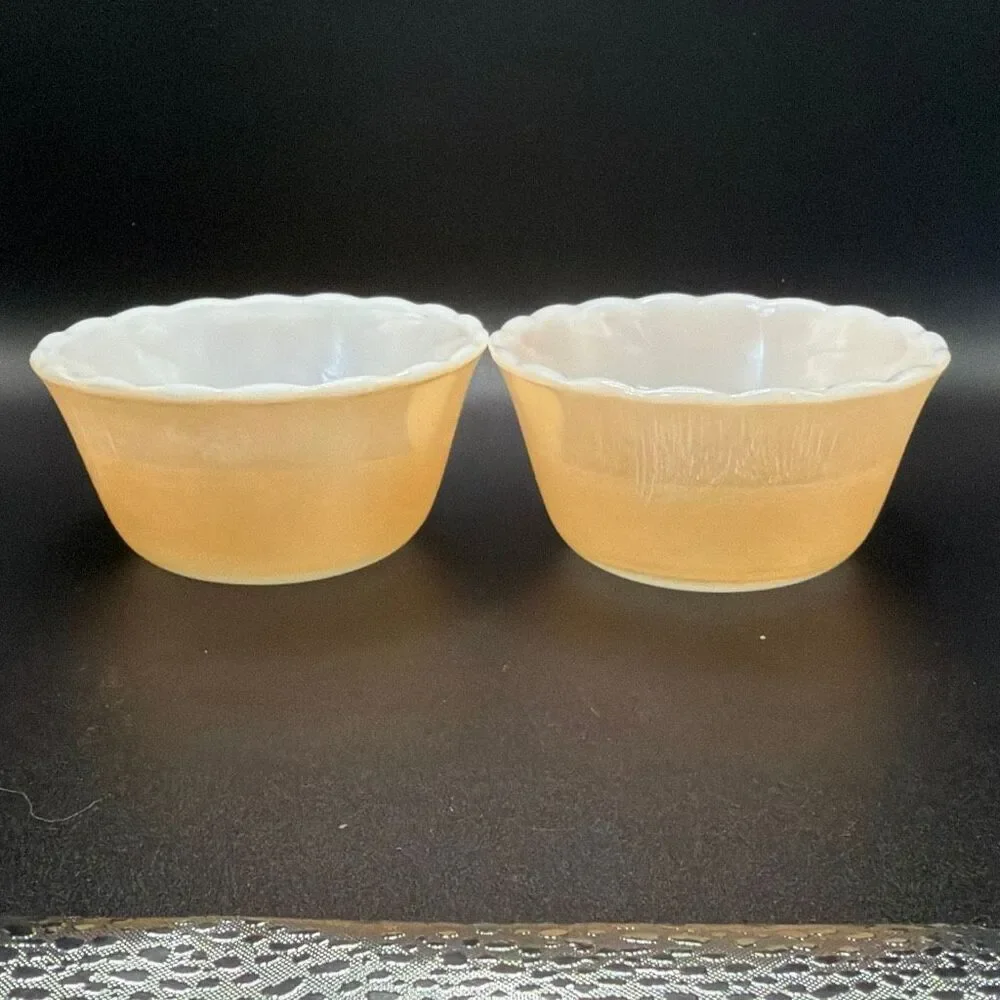 Vintage Fire-King Peach Lustre Custard Bowls – Set of 6 – Anchor Hocking Scallop